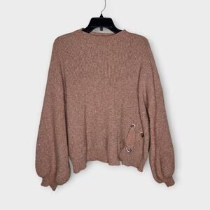 Kerisma Angora Blend Balloon Sleeve Lace Up Sweater Tan Camel Women's M/L